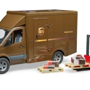Samochód dostawczy - Mercedes Sprinter UPS z figurką, podnośnikiem i z akcesoriami spedycyjnymi - 02538 - BRUDER