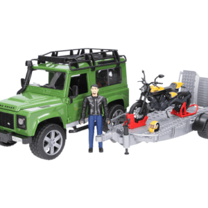Auto Land Rover Defender - z przyczepą z motocyklem Ducati i figurką motocyklisty - ZESTAW - 02589 - BRUDER