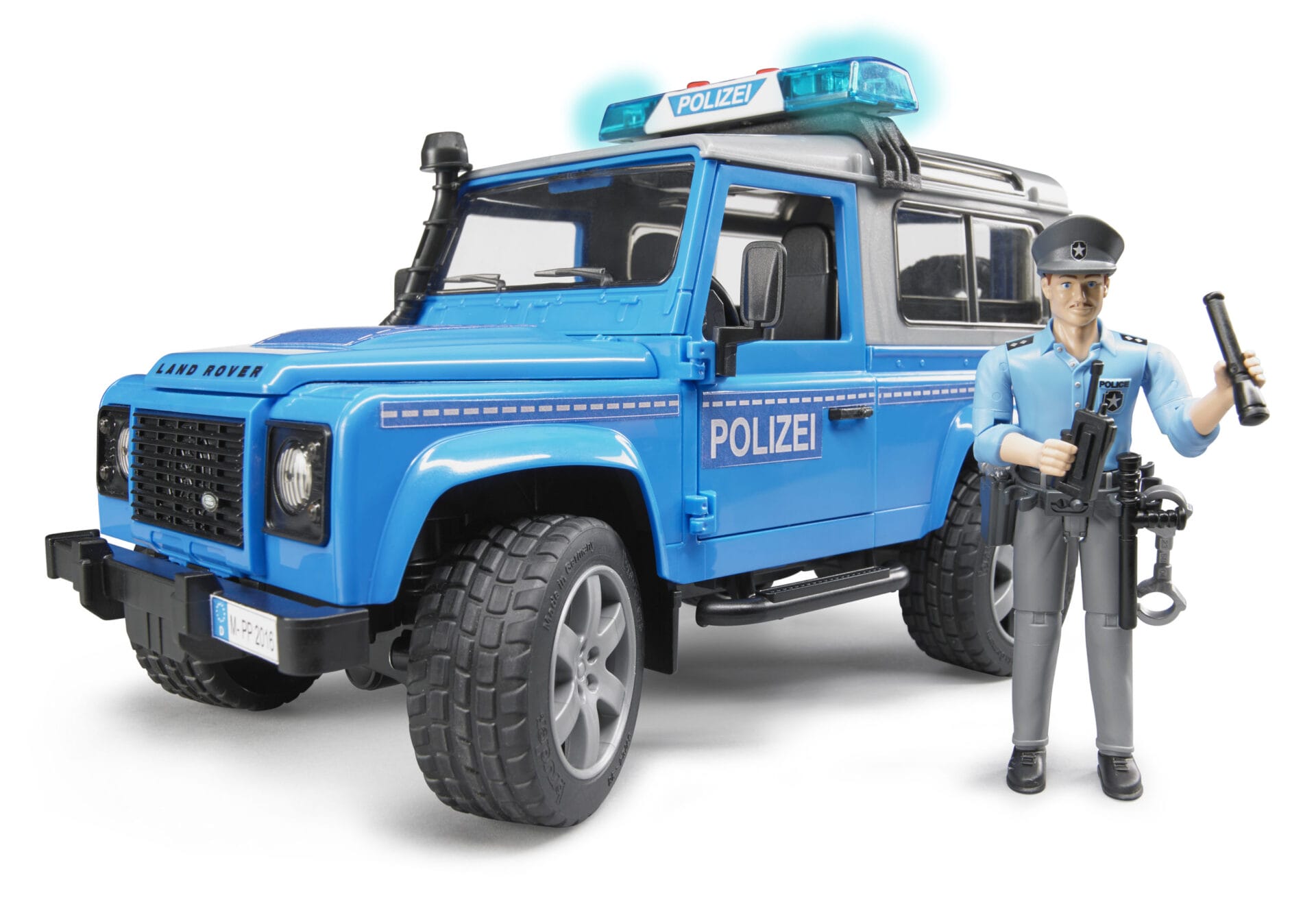 Auto Land Rover Defender - policyjny niebiesko srebrny z figurką policjanta i modułem - 02597 - BRUDER 2 Auto Land Rover Defender - policyjny niebiesko srebrny z figurką policjanta i modułem - 02597 - BRUDER