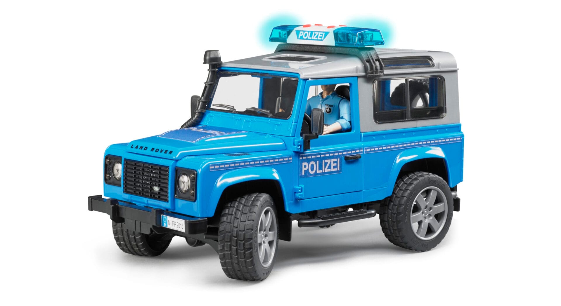 Auto Land Rover Defender - policyjny niebiesko srebrny z figurką policjanta i modułem - 02597 - BRUDER 4 Auto Land Rover Defender - policyjny niebiesko srebrny z figurką policjanta i modułem - 02597 - BRUDER