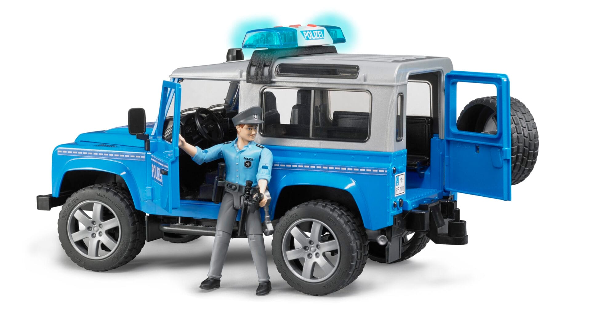 Auto Land Rover Defender - policyjny niebiesko srebrny z figurką policjanta i modułem - 02597 - BRUDER 5 Auto Land Rover Defender - policyjny niebiesko srebrny z figurką policjanta i modułem - 02597 - BRUDER