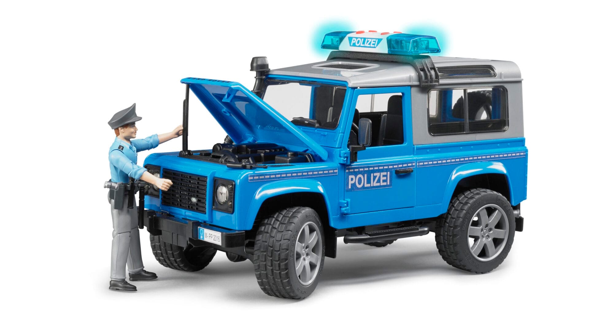 Auto Land Rover Defender - policyjny niebiesko srebrny z figurką policjanta i modułem - 02597 - BRUDER 6 Auto Land Rover Defender - policyjny niebiesko srebrny z figurką policjanta i modułem - 02597 - BRUDER