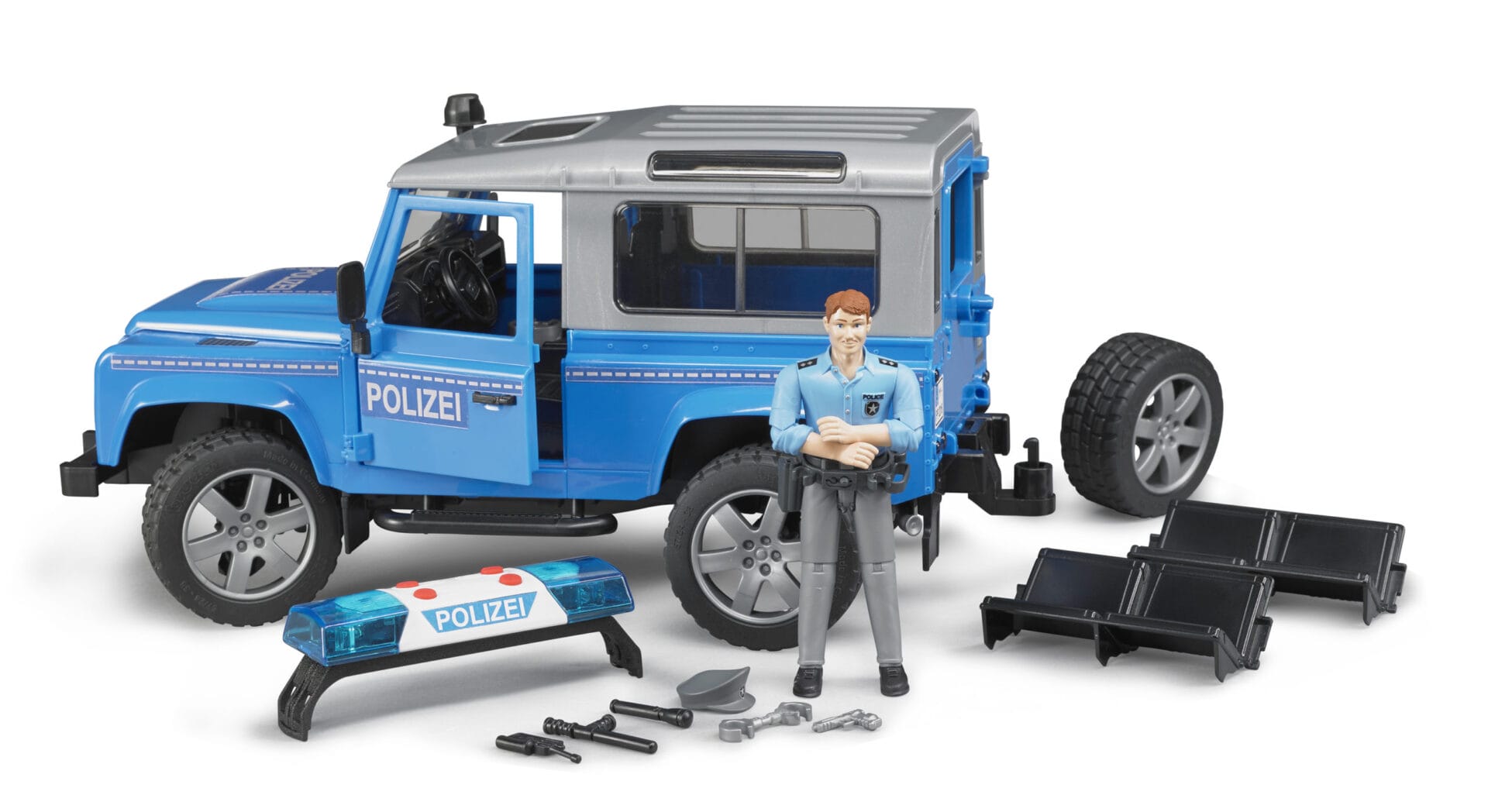 Auto Land Rover Defender - policyjny niebiesko srebrny z figurką policjanta i modułem - 02597 - BRUDER 7 Auto Land Rover Defender - policyjny niebiesko srebrny z figurką policjanta i modułem - 02597 - BRUDER