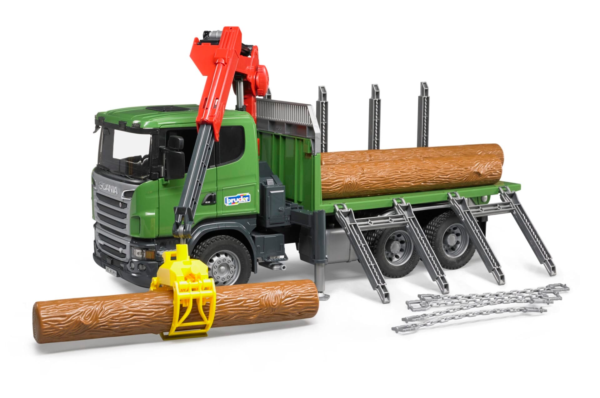 Ciężarówka Scania R z żurawiem (HDS) i pniami - 03524 - BRUDER 8 Ciężarówka Scania R z żurawiem (HDS) i pniami - 03524 - BRUDER