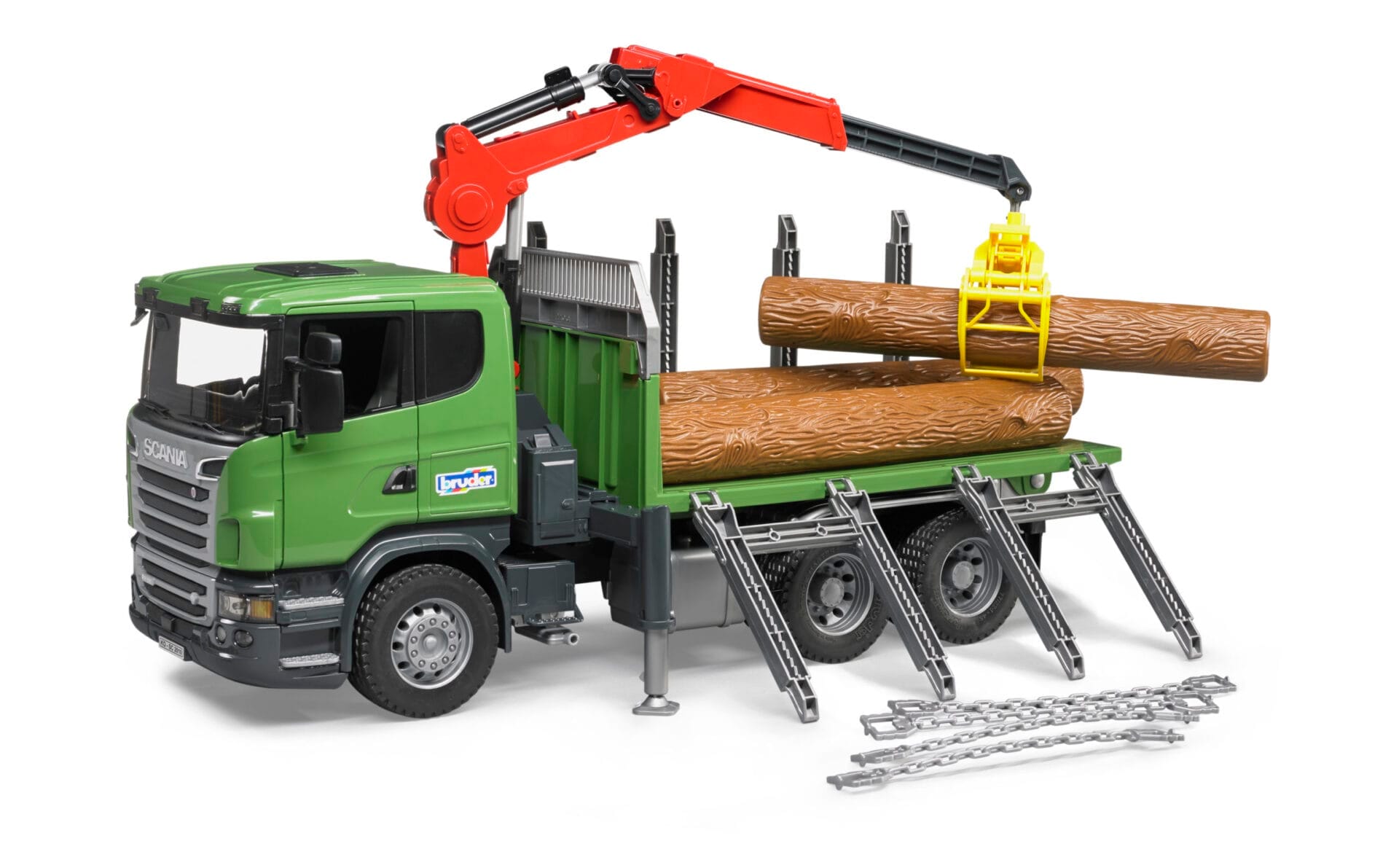 Ciężarówka Scania R z żurawiem (HDS) i pniami - 03524 - BRUDER 9 Ciężarówka Scania R z żurawiem (HDS) i pniami - 03524 - BRUDER