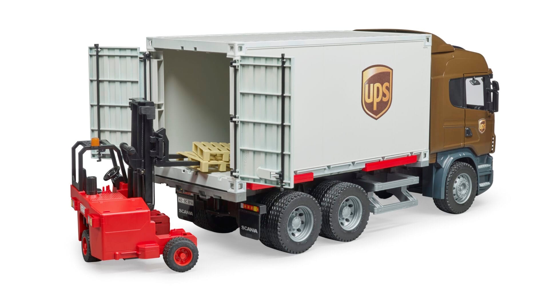 Ciężarówka kontener - Scania R kontener UPS z wózkiem widłowym i paletami 2szt. - 03581 - BRUDER 5 Ciężarówka kontener - Scania R kontener UPS z wózkiem widłowym i paletami 2szt. - 03581 - BRUDER