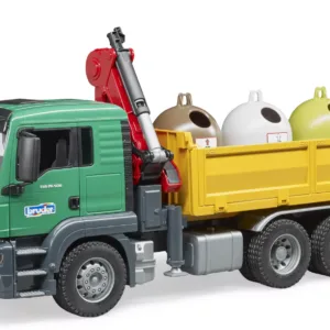 Ciężarówka MAN TGS wywrotka z żurawiem (HDS) i kontenerami do segregacji odpadów recyklingowych - 03753 - BRUDER