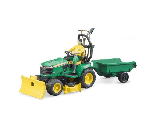 Traktorek John Deere z kosiarka, łyżką przyczepką i figurką ogrodnika - BRUDER 62104 1 Traktorek John Deere z kosiarka, łyżką przyczepką i figurką ogrodnika - BRUDER 62104