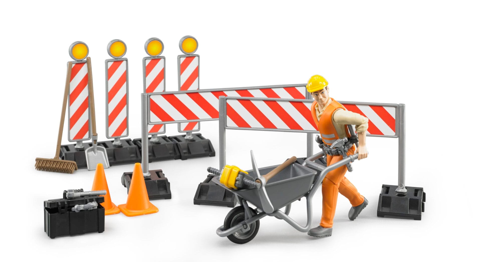 Zestaw akcesoriów do robót drogowych z figurką pracownika budowlanego - 62000 - BRUDER 1 Zestaw akcesoriów do robót drogowych z figurką pracownika budowlanego - 62000 - BRUDER