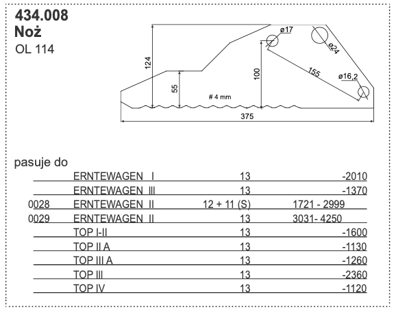 Nóż przyczepy samozbierającej - OL 114 - 434.008 - POTTINGER 1 Nóż przyczepy samozbierającej - OL 114 - 434.008 - POTTINGER