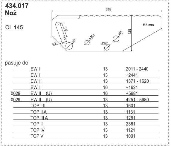 Nóż przyczepy samozbierającej - OL 145 - 434.017 - POTTINGER 1 Nóż przyczepy samozbierającej - OL 145 - 434.017 - POTTINGER