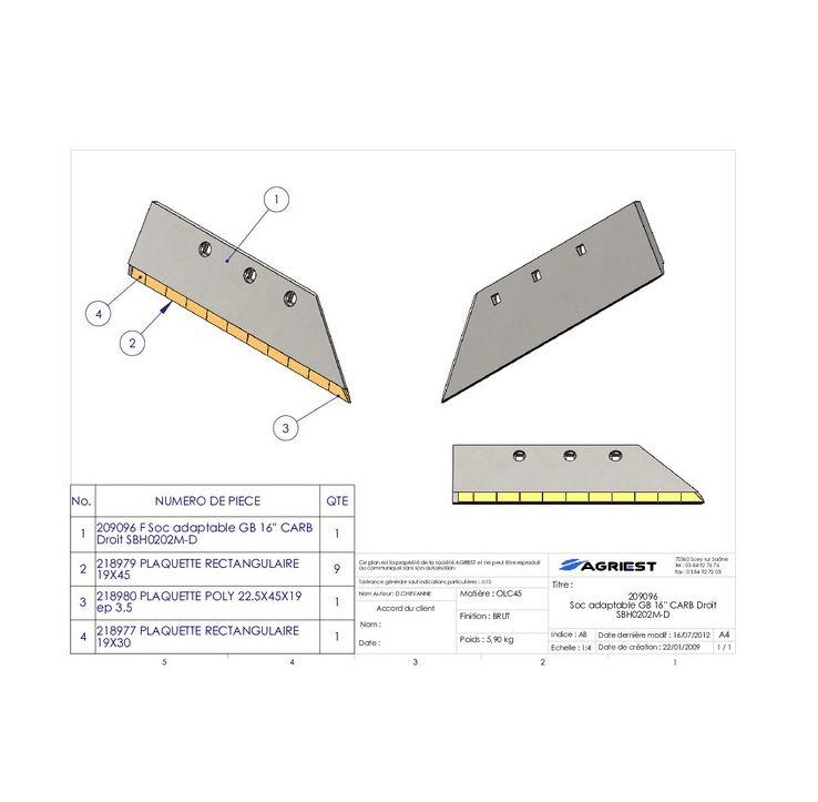 Lemiesz 16" - Węglik - Prawy - Zastosowanie 172614D Gregoire Besson - AgriPower 2 Lemiesz 16" - Węglik - Prawy - Zastosowanie 172614D Gregoire Besson - AgriPower