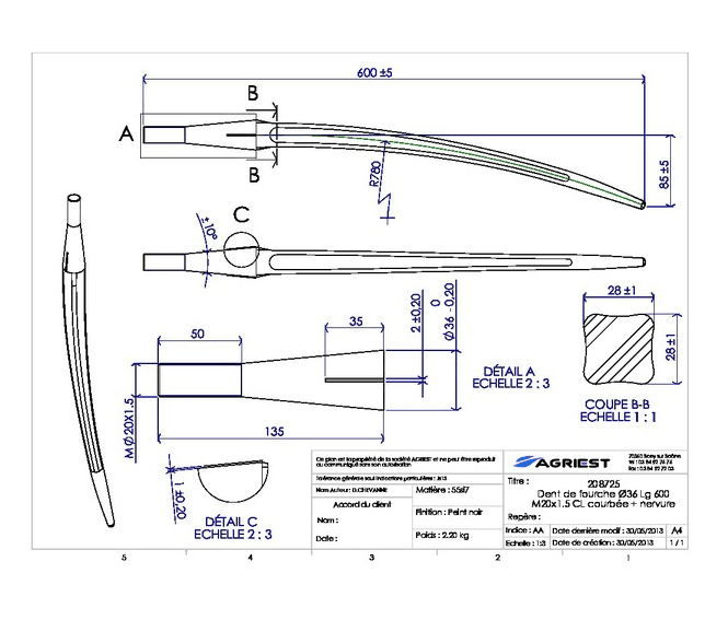 Ząb ładowacza Ø36 - Dł 600 mm - M20X1.5 - Wygięty 2 Ząb ładowacza Ø36 - Dł 600 mm - M20X1.5 - Wygięty